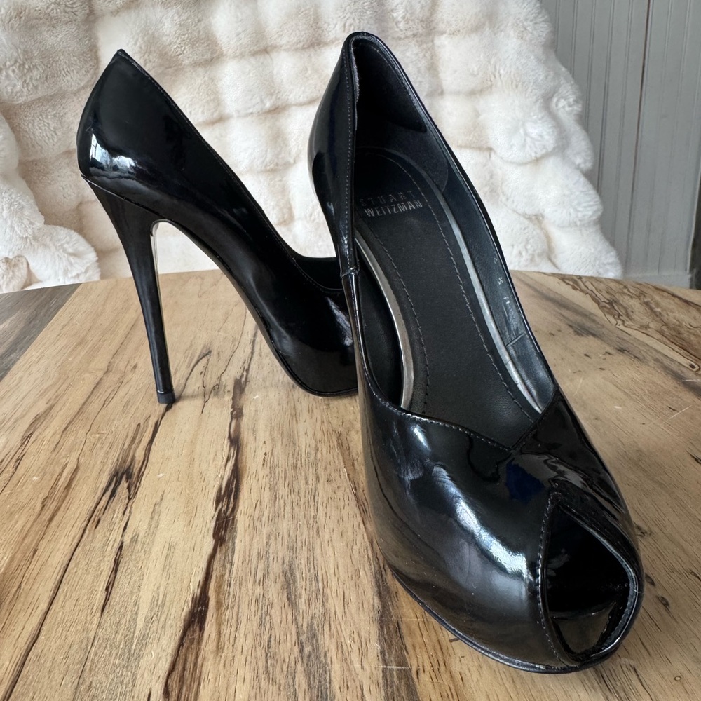 Stuart Weitzman Black Patent Peep-Toe Stiletto Pumps